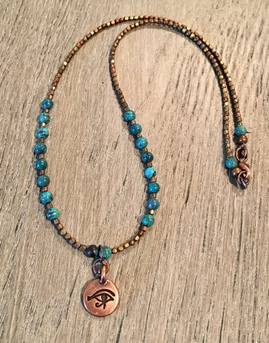 TURQUOISE & COPPER NECKLACE with Eye of Horus Charm, 17