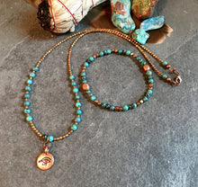 TURQUOISE & COPPER NECKLACE with Eye of Horus Charm, 17", Beaded, Genuine Natural Stone Crystal Gemstone
