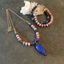 Lapis Lazuli, Rhodochrosite, Silver Necklace 17", pink & blue natural stone