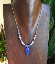 Lapis Lazuli, Rhodochrosite, Silver Necklace 17", pink & blue natural stone