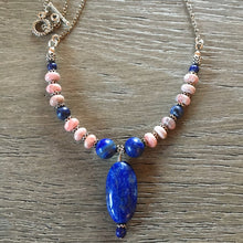 Lapis Lazuli, Rhodochrosite, Silver Necklace 17", pink & blue natural stone