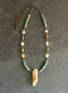 Nevada Green Turquoise & Citrine Beaded Necklace with Antiqued Brass