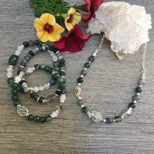 Moss Agate & Herkimer Diamond Necklace with silver, 17" natural stone