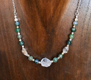 HERKIMER DIAMOND & Moss Agate NECKLACE, Sterling Silver Chain, Natural Stone Gemstone Crystal