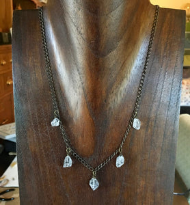 5-stone Herkimer Diamond and Brass Necklace 18", flashy natural gemstone