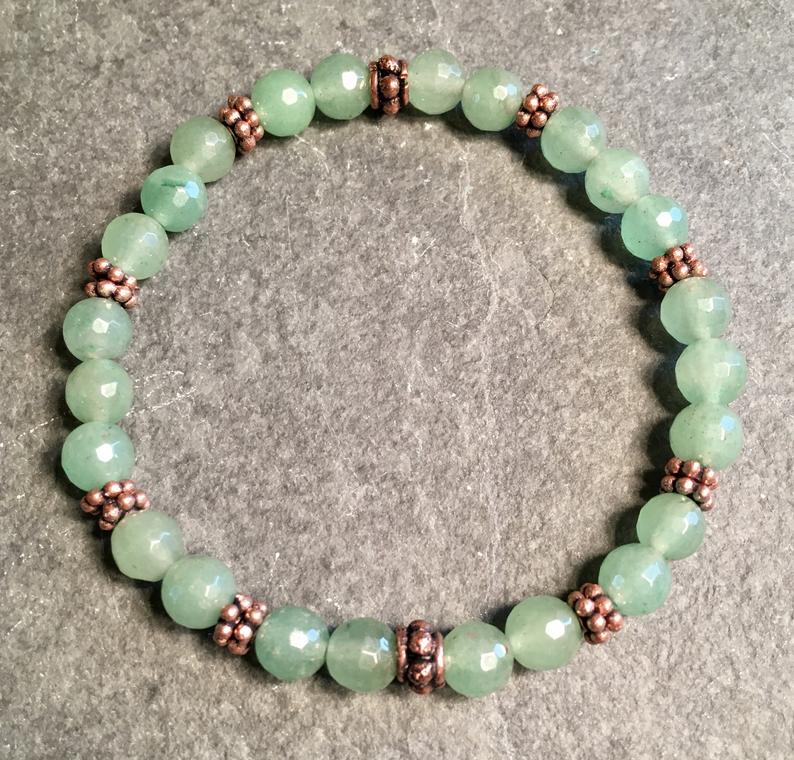 Green Aventurine & Copper beaded stretch bracelet, natural stone