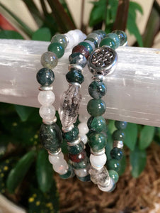 Moss Agate & Rainbow Moonstone Stretch Bracelet, natural gemstone