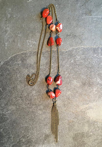 Red Jasper & Rustic Brass Tassel Beaded Necklace, 28", natural stone