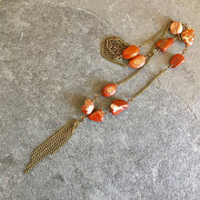 Red Jasper & Rustic Brass Tassel Beaded Necklace, 28", natural stone