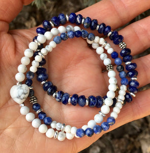 SODALITE & HOWLITE HEART Stretch Bracelet Stack, natural stone, blue and white