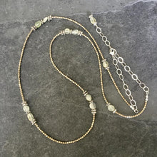 Prehnite, Pewter & Silver Beaded Necklace, 32" adjustable, natural stone