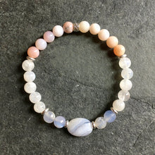 Blue Lace Agate, Pink Opal & Moonstone Beaded Stretch Bracelet, natural stone, spring