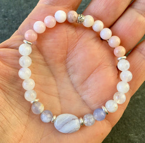 Blue Lace Agate, Pink Opal & Moonstone Beaded Stretch Bracelet, natural stone, spring