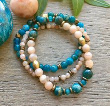 Sunstone & Blue Apatite Beaded Bracelet Stack, stretch, natural stone
