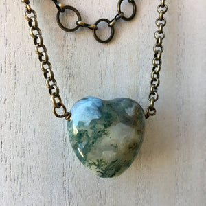 MOSS AGATE HEART Layered Necklace with Antiqued Brass Chain, natural stone