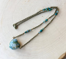 MOSS AGATE HEART Layered Necklace with Antiqued Brass Chain, natural stone