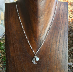 Rainbow Moonstone & Celtic Moon Charm Sterling Silver Necklace