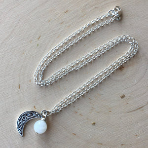 Rainbow Moonstone & Celtic Moon Charm Sterling Silver Necklace