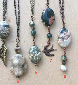 OCEAN JASPER Pendant Necklaces, choice, 20", antiqued brass or copper chains