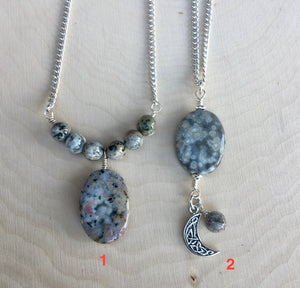 OCEAN JASPER Gray Pendant Necklaces, Celtic moon, 18", sterling silver chains, choice