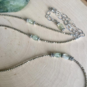 Prehnite, Pewter & Silver Beaded Necklace, 32" adjustable, natural stone