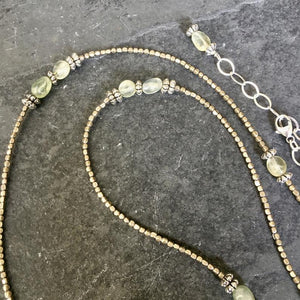 Prehnite, Pewter & Silver Beaded Necklace, 32" adjustable, natural stone