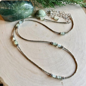 Prehnite, Pewter & Silver Beaded Necklace, 32" adjustable, natural stone