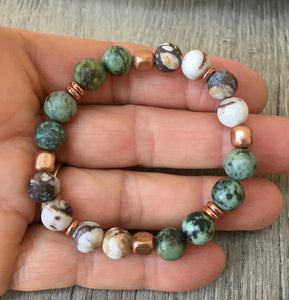 AFRICAN TURQUOISE & Opalized Petrified Wood BRACELET with Copper, Stretch, Natural Stone Gemstone Crystal