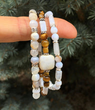 Blue Lace Agate & Tiger's Eye Beaded Bracelet Stack, stretch, natural stone