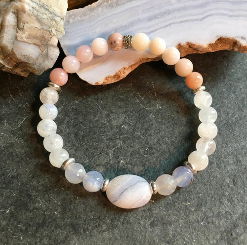 Blue Lace Agate, Pink Opal & Moonstone Beaded Stretch Bracelet, Natural Stone Gemstone Crystal, Pastel Colors