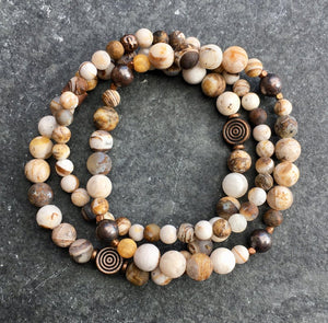 Opalized Petrified Wood & Copper Stretch Bracelet Stack, natural stone