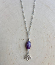 Purple Amethyst & Lotus Flower Sterling Silver Necklace, 22", natural stone