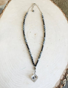 Gray Labradorite, Jet & Herkimer Diamond Necklace, 20"-22", natural stone