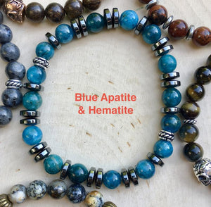 Green Jade or Blue Apatite Stretch Beaded Bracelet, with Hematite, unisex, choice