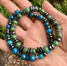Green Jade or Blue Apatite Stretch Beaded Bracelet, with Hematite, unisex, choice