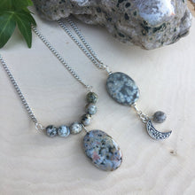 OCEAN JASPER Gray Pendant Necklaces, Celtic moon, 18", sterling silver chains, choice