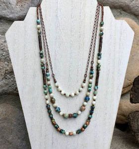Azurite, Chrysocolla, & Mother of Pearl Copper Beaded Necklaces, with Bronzite, natural stone