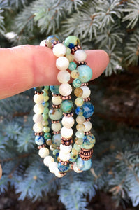 Azurite, Chrysocolla, Mother of Pearl & Copper Stretch Bracelet Stack, natural stone