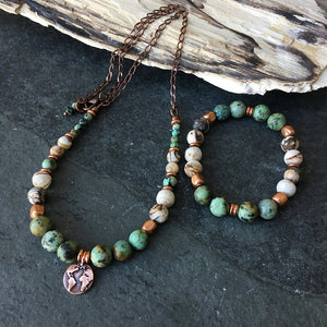 AFRICAN TURQUOISE & Opalized Petrified Wood NECKLACE with Copper and Earth Charm, Choice, 16", 18" or 20", Gemstone Natural Stone