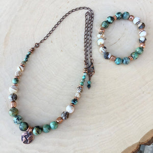 AFRICAN TURQUOISE & Opalized Petrified Wood NECKLACE with Copper and Earth Charm, Choice, 16", 18" or 20", Gemstone Natural Stone