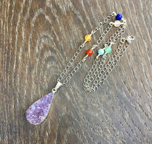 Amethyst Druzy Pendant Necklace with Chakra or Labradorite beads, choice, 20", lavender or gray