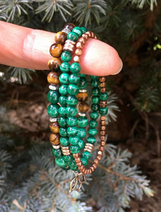 Malachite & Tiger's Eye Bracelet Stack, with Lotus Blossom, Copper and Silver, Natural Stone Crystal Gemstone, Stretch