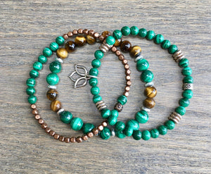 Malachite & Tiger's Eye Bracelet Stack, with Lotus Blossom, Copper and Silver, Natural Stone Crystal Gemstone, Stretch