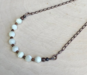 Azurite, Chrysocolla, & Mother of Pearl Copper Beaded Necklaces, with Bronzite, natural stone