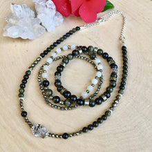 HERKIMER DIAMOND NECKLACE with Gold Sheen Obsidian & Pyrite, Beaded, Silver, Natural Stone Crystal Gemstone, 16"-18"