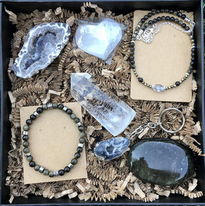 Crystal Stone & Jewelry Gift Set - Gold Sheen Obsidian, Pyrite, Herkimer Diamond, Clear Quartz, Geode, Selenite
