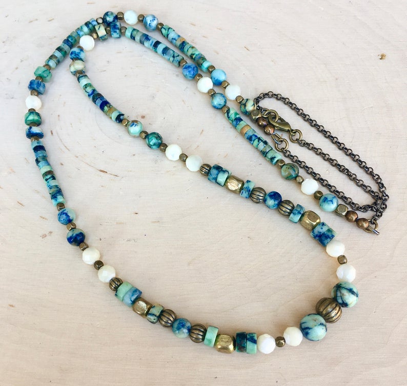 AZURITE, CHRYSOCOLLA, & Mother of Pearl Beaded Necklace, with Brass, 30