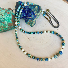 AZURITE, CHRYSOCOLLA, & Mother of Pearl Beaded Necklace, with Brass, 30" natural stone