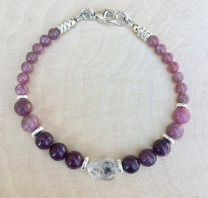 LEPIDOLITE & HERKIMER DIAMOND BRACELET Silver, Beaded, Clasp, Natural Stone Gemstone