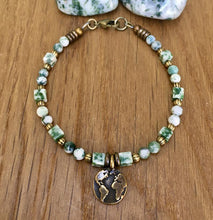 Earth Charm & GREEN TREE AGATE Bracelet, Brass Beaded, Natural Stone Gemstone Crystal, Nature Lovers Jewelry
